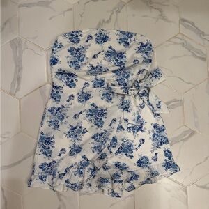 Blue floral strapless romper
